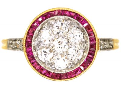 Art Deco 18ct Gold & Platinum Target Ring set with Rubies & Diamonds