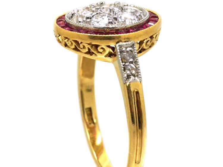 Art Deco 18ct Gold & Platinum Target Ring set with Rubies & Diamonds