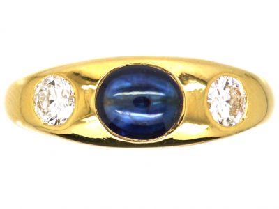 18ct Gold, Cabochon Sapphire & Diamond Three Stone Rub Over Set Ring