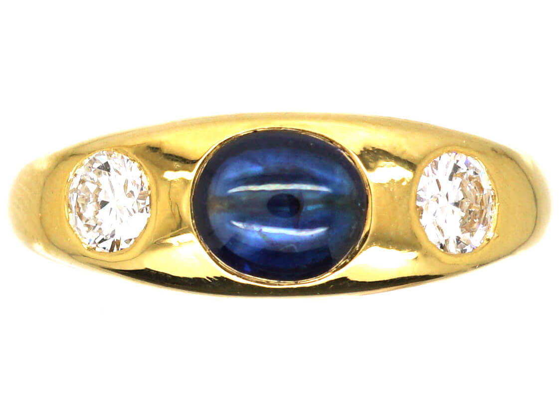 18ct Gold, Cabochon Sapphire & Diamond Three Stone Rub Over Set Ring ...