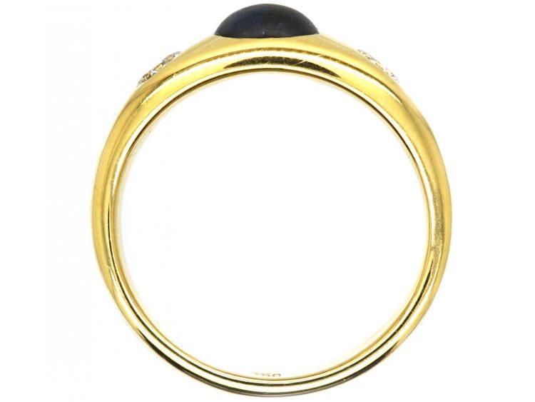 18ct Gold, Cabochon Sapphire & Diamond Three Stone Rub Over Set Ring