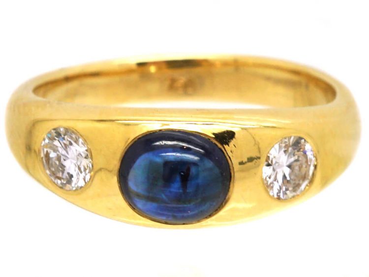 18ct Gold, Cabochon Sapphire & Diamond Three Stone Rub Over Set Ring