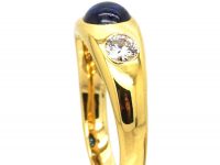 18ct Gold, Cabochon Sapphire & Diamond Three Stone Rub Over Set Ring