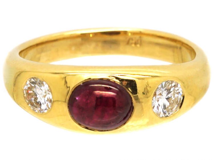 18ct Gold, Rub Over Set Cabochon Ruby & Diamond Three Stone Ring