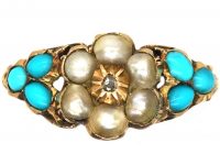 Early 19th Century 15ct Gold, Turquoise & Natural Split Pearls Cluster Ring