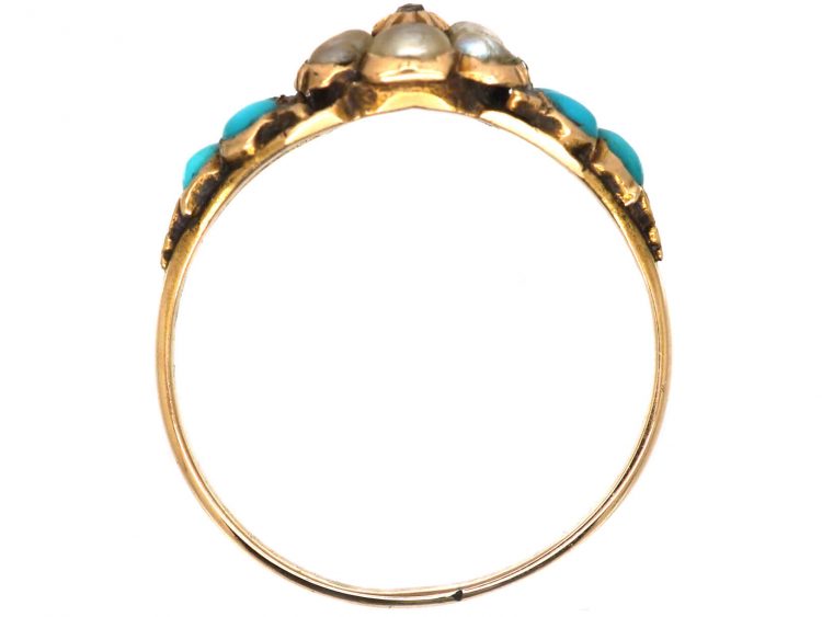 Early 19th Century 15ct Gold, Turquoise & Natural Split Pearls Cluster Ring