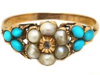 Early 19th Century 15ct Gold, Turquoise & Natural Split Pearls Cluster Ring