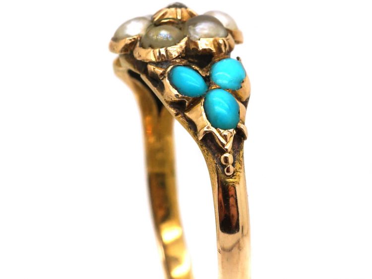 Early 19th Century 15ct Gold, Turquoise & Natural Split Pearls Cluster Ring
