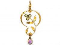 Edwardian 9ct Gold Suffragette Pendant set with Peridots, Natural Split Pearls & Peridots