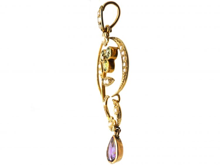 Edwardian 9ct Gold Suffragette Pendant set with Peridots, Natural Split Pearls & Peridots