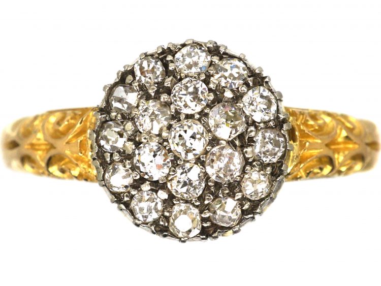 Edwardian 18ct Gold Diamond Cluster Ring with Ornate Shoulders