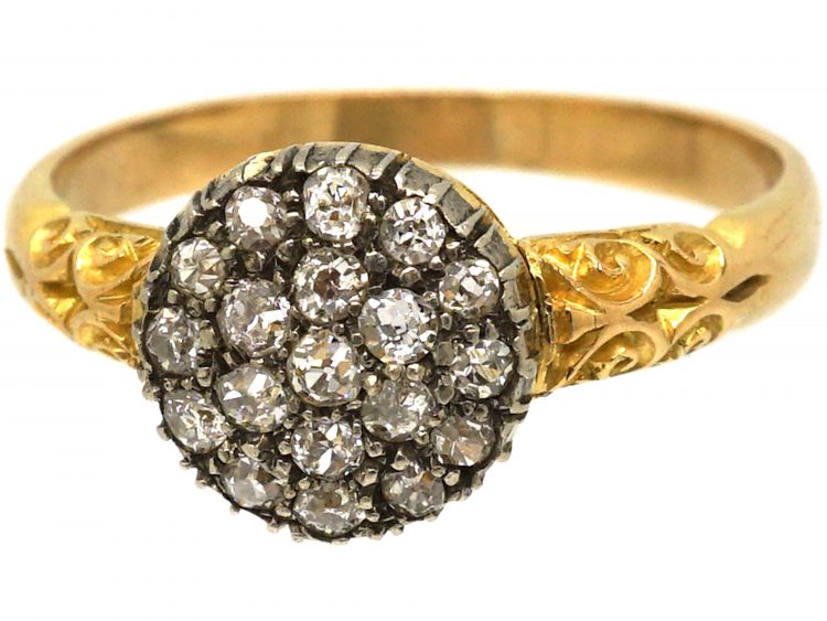 Edwardian 18ct Gold Diamond Cluster Ring with Ornate Shoulders