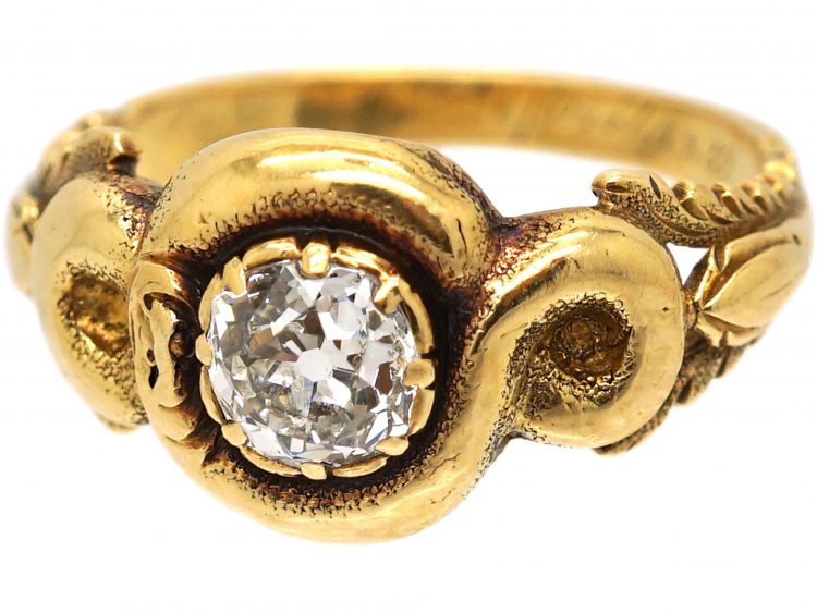 Georgian 18ct Gold Ring with a Snake Coiled Around an Old Mine Cut Diamond