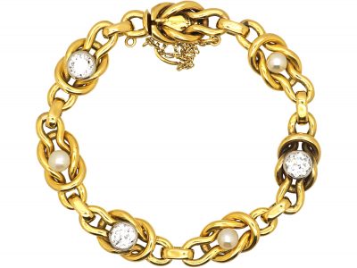 French Belle Epoque 18ct Gold Bracelet set with Diamonds & Natural Pearls