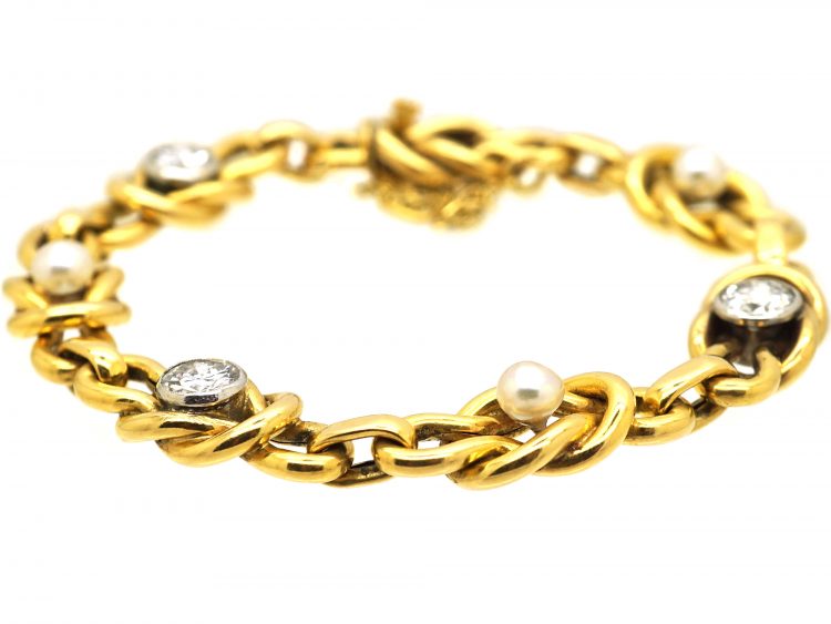 French Belle Epoque 18ct Gold Bracelet set with Diamonds & Natural Pearls