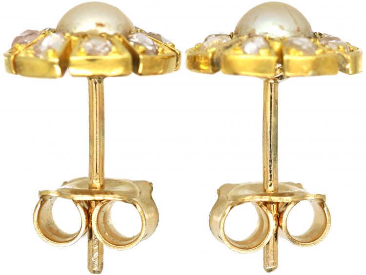 Victorian 18ct Gold, Rose Diamond & Natural Split Pearl Flower Earrings