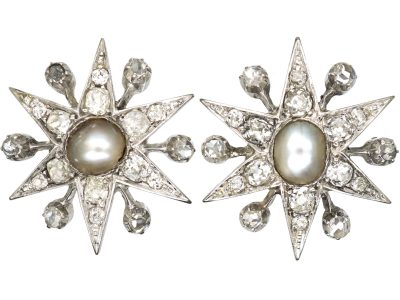 Edwardian 18ct White Gold Star Earrings set with Diamonds & Natural Pearls