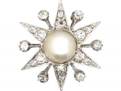Edwardian 18ct White Gold, Diamond & Natural Split Pearl Star Pendant