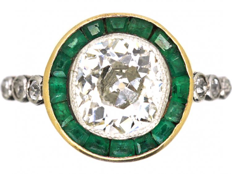 Art Deco 18ct Gold & Platinum, Emerald & Diamond Target Ring with Diamond Set Shoulders