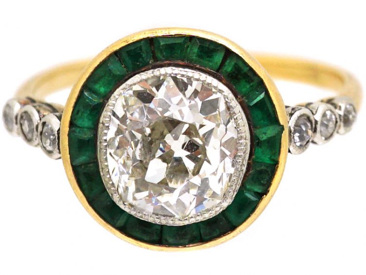 Art Deco 18ct Gold & Platinum, Emerald & Diamond Target Ring with Diamond Set Shoulders