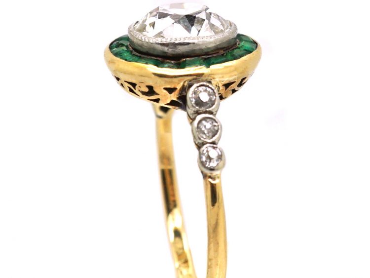 Art Deco 18ct Gold & Platinum, Emerald & Diamond Target Ring with Diamond Set Shoulders