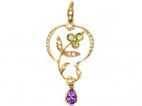 Edwardian 9ct Gold Suffragette Pendant set with Peridots, Natural Split Pearls & Peridots