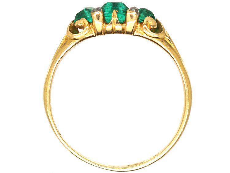 Early Victorian 18ct Gold, Three Stone Emerald Ring with Small Diamonds