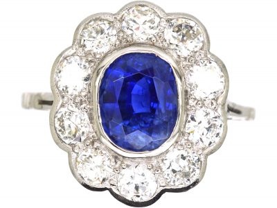 Early 20th Century Large Unheated Ceylon Sapphire & Diamond Cluster Ring