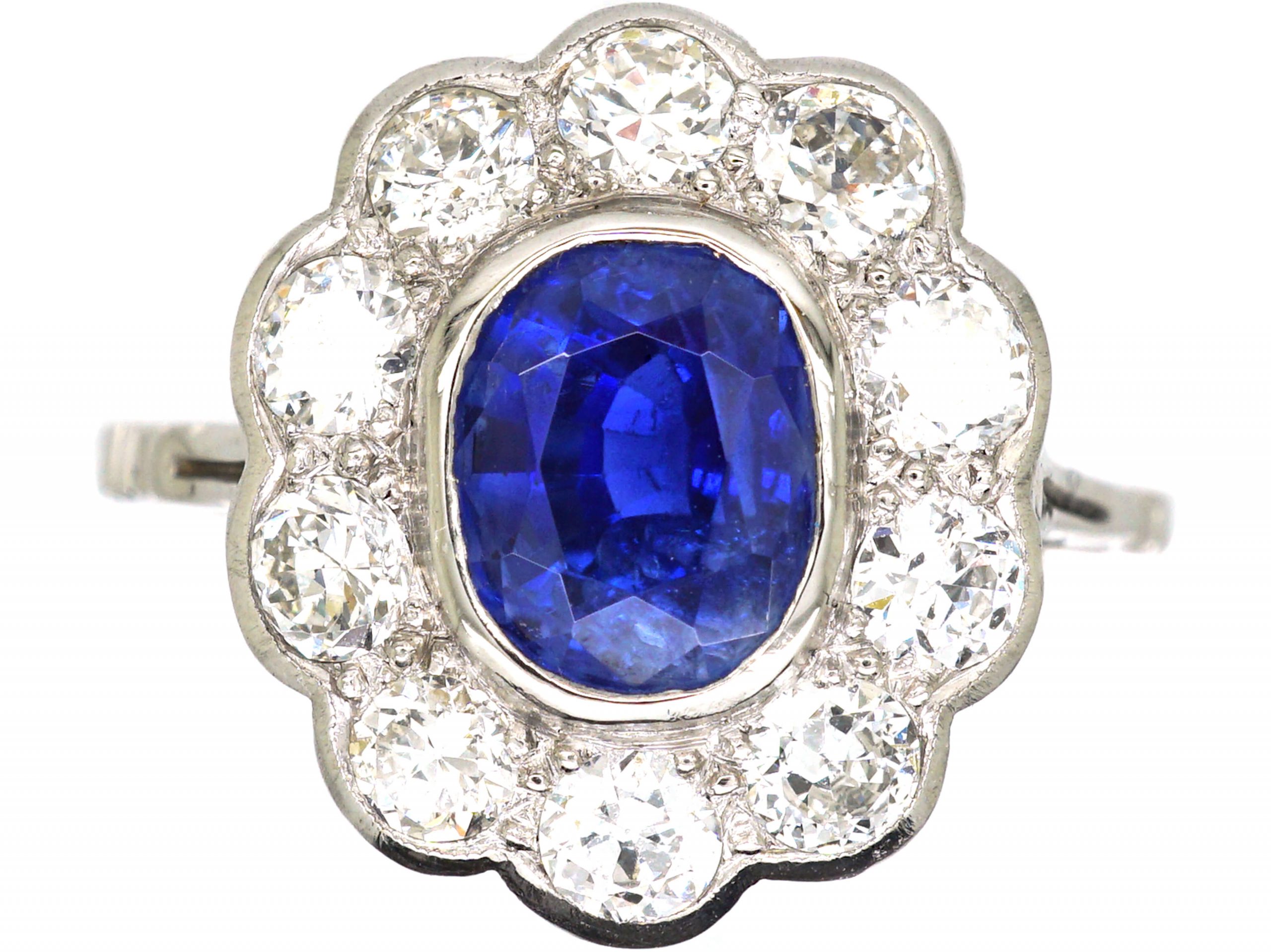 Early 20th Century Large Unheated Ceylon Sapphire & Diamond Cluster Ring