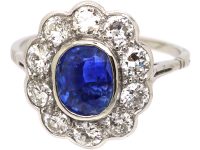 Early 20th Century Large Unheated Ceylon Sapphire & Diamond Cluster Ring