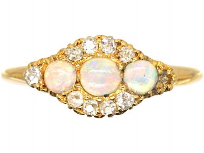 Victorian 18ct Gold, Three Stone Opal & Diamond Cluster Ring