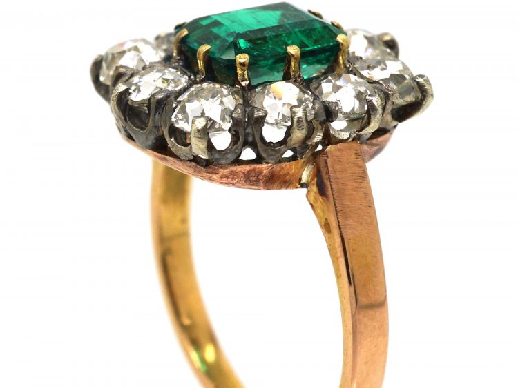 French Imported Late 19th Century 18ct Gold, Emerald & Diamond Cluster ...