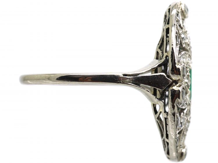 Art Deco Platinum, Emerald & Diamond Ring with Cupid's Arrow Motifs