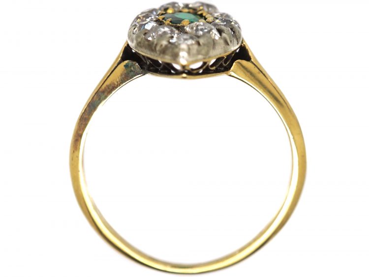 Victorian 18ct Gold Marquise Ring set with an Emerald & Old Mine Cut Diamonds
