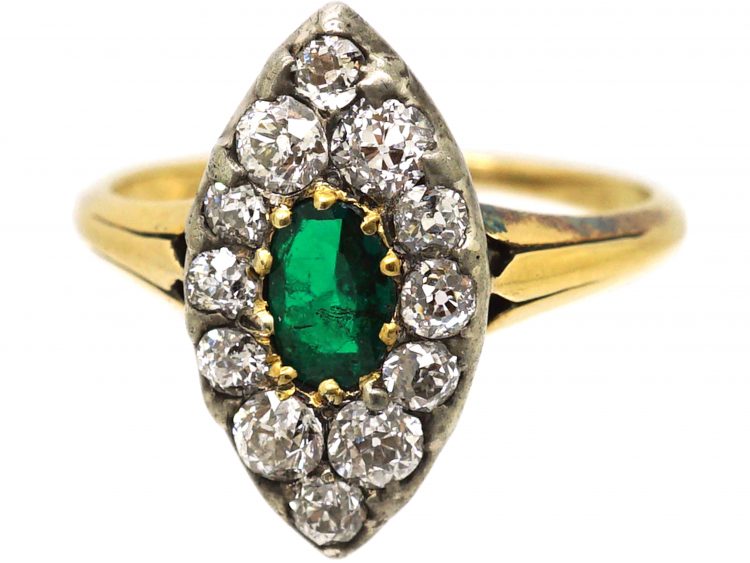 Victorian 18ct Gold Marquise Ring set with an Emerald & Old Mine Cut Diamonds