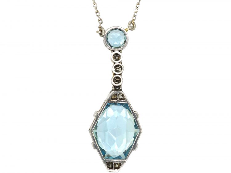Art Deco Platinum, Aquamarine & Diamond Pendant on Platinum Chain
