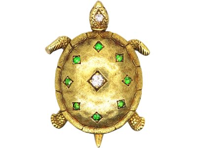 Edwardian 18ct Gold Turtle Brooch & Pendant set with Diamonds & Green Garnets