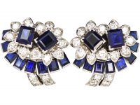 Retro 18ct White Gold Sapphire & Diamond Clip On Flower Earrings attributed to Cartier