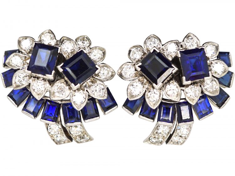 Retro 18ct White Gold Sapphire Diamond Clip On Flower Earrings attributed to Cartier 118W The Antique Jewellery Company