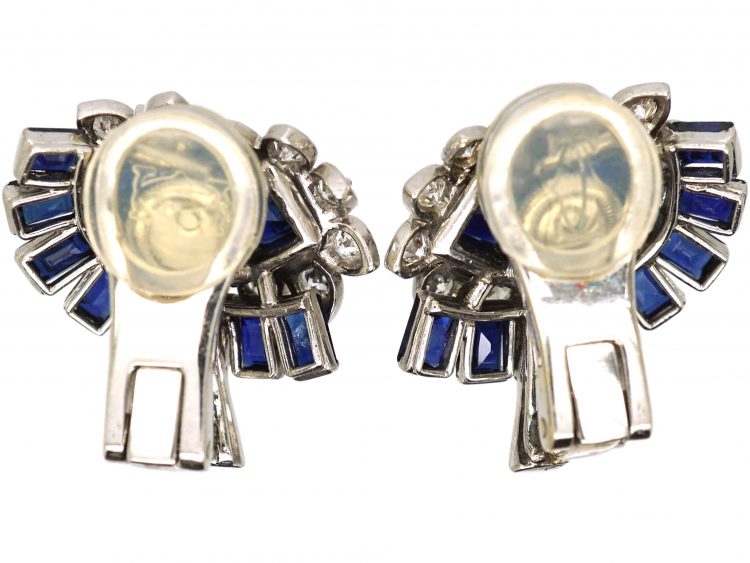 Retro 18ct White Gold Sapphire & Diamond Clip On Flower Earrings attributed to Cartier