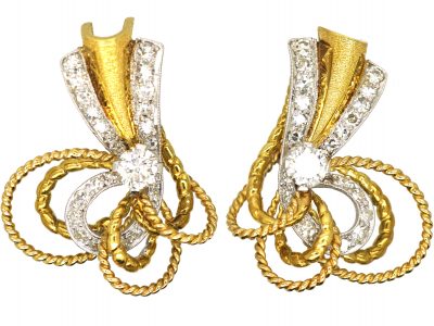1950s 18ct Gold Bow Earrings set with Diamonds