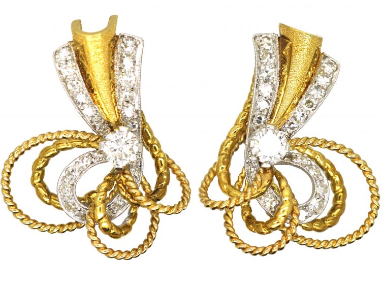 1950s 18ct Gold Bow Earrings set with Diamonds
