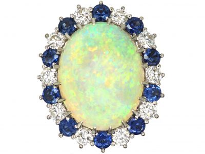 Large 18ct White Gold, Large Opal, Sapphire & Diamond Cluster Ring