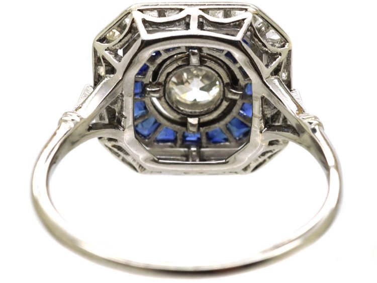 Art Deco Platinum, Old Mine Cut Diamond & Calibre Cut Sapphire Ring