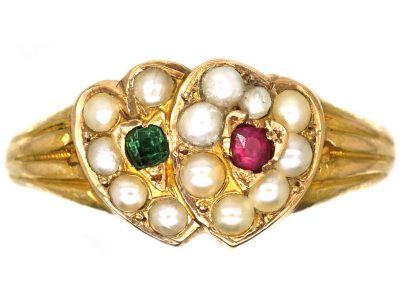 Victorian 15ct Gold Double Heart Ring set with Natural Split Pearls, an Emerald & a Ruby