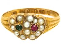 Victorian 15ct Gold Double Heart Ring set with Natural Split Pearls, an Emerald & a Ruby