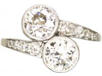 Art Deco Platinum Two Stone Diamond Crossover Ring with Diamond Set Shoulders
