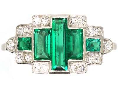 Art Deco Platinum, Emerald & Diamond Geometric Ring