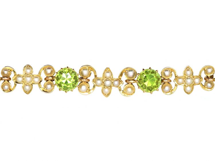 Edwardian 15ct Gold Floral Bracelet set with Peridots & Natural Split Pearls