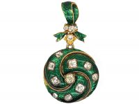 Victorian 18ct Gold, Green Enamel & Diamond Pendant in Original Case